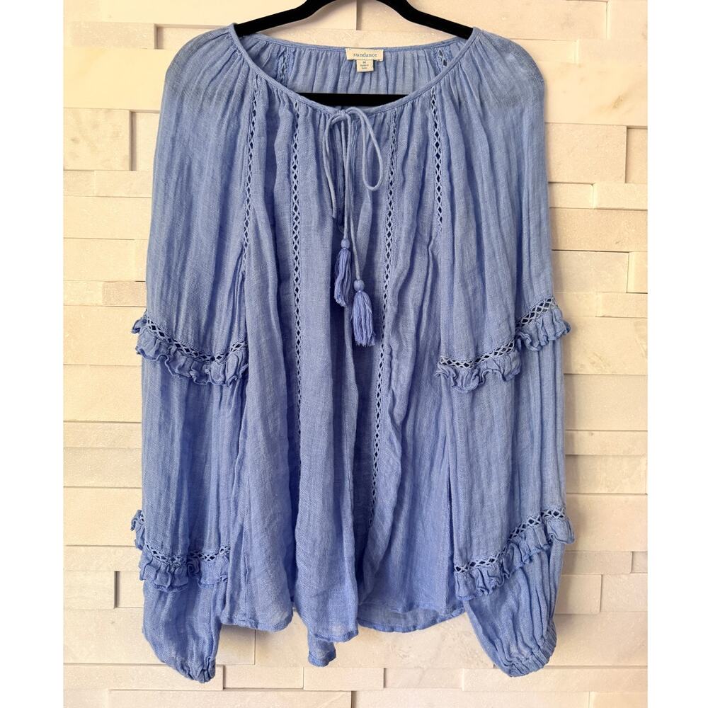SUNDANCE 100% Linen Poet Style Ruffle Crochet Detail Tassel Top M Boho Peasant
